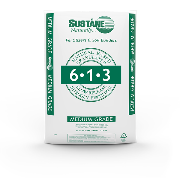 Sustane 6-1-3 natural slow release nitrogen fertilizer that provides organic nitrogen combined with nutrient rich compost for total plant nutrition.